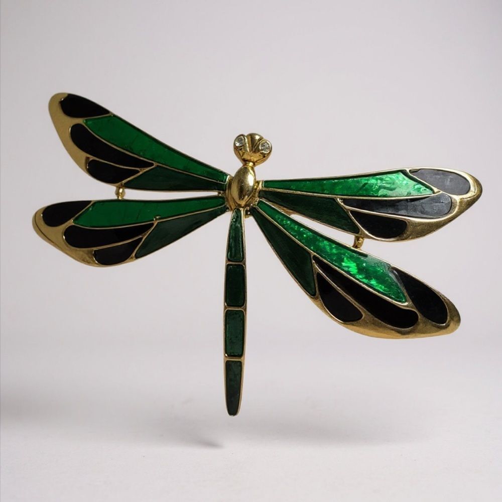Vintage Dragonfly Brooch Gold Tone Green Black Enamel Rhinestone Eyes 3”
